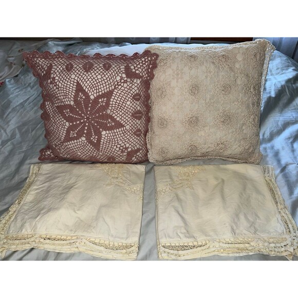 Vintage crochet boho cottage accent pillow pillowcase lot - Picture 11 of 12